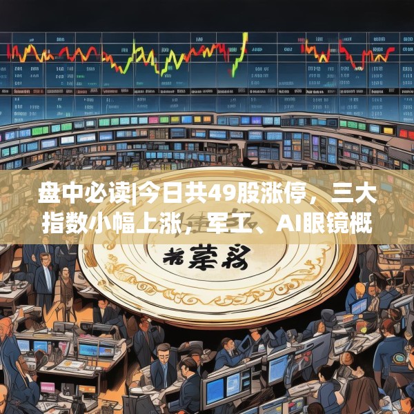 盘中必读|今日共49股涨停，三大指数小幅上涨，军工、AI眼镜概念领涨